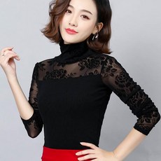 브랜드없음 댄스상의 여성 스포츠댄스복 터틀넥 긴팔 꽃무늬 레이스