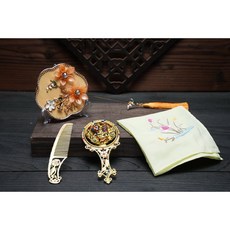 公主的夢中婚禮 神明胭脂水粉組 拜媽祖城隍夫人王母娘娘適用 敬獻神尊擺宴精緻拜拜用品, 1個, 金色款（贈送扇架）