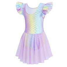 MdnMd 여아용 발레 레오타드 유아용 댄스 발레 레오타드 스커트 포함 발레리나 드레스 튀튀 의상 플러터 슬리브 T81- 무지개-인어