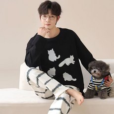 긴팔 구름 면 잠옷 남성 가을 겨울 투피스 세트 간결한 만화 라운드 넥 풀오버 홈웨어, 2가지 사이즈(L, XL), LXE-968.1. # 검은 고양이