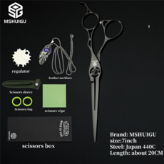 애견미용가위 커브 MSHUIGU 이발사 가위 세트 일본산 440C 6-6.5-7인치 헤어 숱가위 가정 미용실용, [24] 440C 7inch