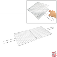 해피J보따리 스텐 손잡이 양면석쇠 26x26cm 캠핑 바베큐 생선구이 숯불 직화 양면형 불판, 1개, 격자형