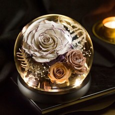 永生花禮盒 玻璃罩玫瑰花束520 七夕 情人節 結婚紀念日 生日禮物 送女朋友 母親節 教師節 交換禮物 不會凋謝的玫瑰, 香頌卡其燈光高級款,真花永不凋謝