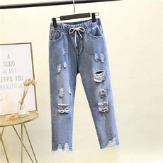 지고다그 여성 봄 찢청 바지 하이웨스트 루즈핏 허리밴딩 9부 데님 팬츠 캐주얼 빅사이즈 ZK15175