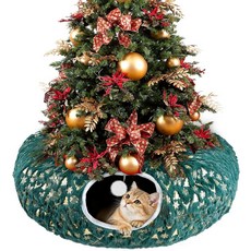 크리스마스 트리 아래 고양이 터널 침대 활과 세척 가능한 쿠션이 있는 실내 고양이를 위한 부드러운 플러시 토끼 작은 동물을 3피트 x 10.6인치 접이식 터널그린 엘크, Green