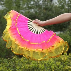 台灣發貨 【超5千回頭客】舞蹈扇子成人跳舞花扇廣場舞扇祖國頌兒童演出紗扇雙面扭秧歌扇子, 三層紗（粉+黃）, 1個