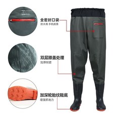 雙護膝加高路亞連體半身背帶水叉褲耐磨加厚戶外防水衣服防水褲, 1個, 齊腰雙膝綠色加厚90絲 牛津底雨靴,鞋號38碼
