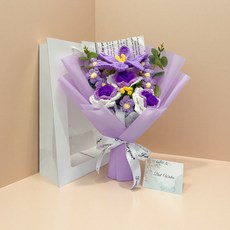 手工毛線花束編織永生玫瑰花成品伴手禮情人節母親節裝飾, 尖角玫瑰鬱金香花束紫色 送禮袋賀卡:如圖所示