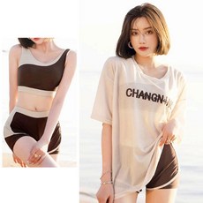 매쉬 커버 스포티 어빈 3피스 비키니 수영복 래쉬가드 모노키니 여름 휴가 비치 썸머 여성 커버업, 브라운