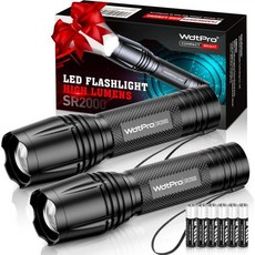 WdtPro SR2000 Pro LED 손전등 고루멘 전술 줌 5모드 비상 캠핑 등산용 그레이, 2개 팩, 검정