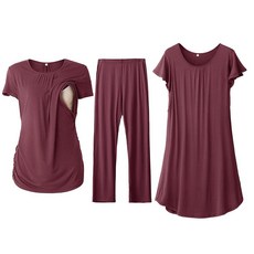 [ 1172974 ] 써니바이 여성용 3피스 임산부 수유 나이트가운 드레스 & 반소매 모유 상의 및 바지 잠옷 세트 버건디