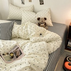 優選好物 A類母嬰柔軟水洗棉四件套波點格子被套床單三件套學生宿捨床包組 床包四件組 標準雙人 雙人加大 單人床單組