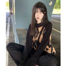 임부복 빈티지 페이크 투피스 학원 마름모 가디건 스웨터 루즈핏 가을 겨울 니트