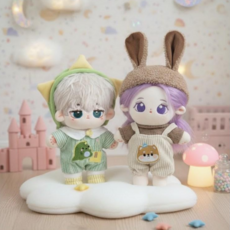 도르멍 귀여운 20cm 솜인형 뽀송 인형옷 2p 세트 커플룩 파자마 잠옷 교복 공룡 시바 배레모 니트 모자, 1세트, 공룡 X 시바 세트