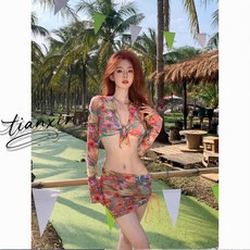 泳衣女2025新款比基尼四件套分體長袖顯瘦高級感學生溫泉性感, 花色,M【建議40.0-47.5kg】