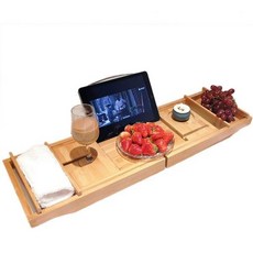 루비 릴 대나무 욕조 캐디 트레이 - 와인 홀더 스파 욕실 액세서리를 위한 책 공간 및 전화 슬롯이 있는 조절 가능한 천연 목재 정리함 43x9x2, 43"x9"x2", 1개