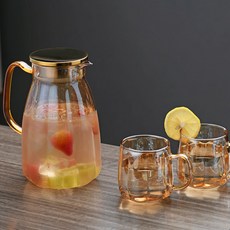 威廉 冷水壺 家用耐高溫大容量高硼玻璃涼水壺 不銹鋼高檔煮茶壺 加厚耐熱, 套裝琥珀色壺大*1琥珀水杯*2, 1個