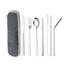 스텐 나이프 포크 수저 빨대 야외 여행 간편 천 가방 세트, Silver-7Pcs