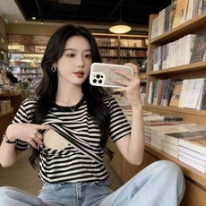 임산부 여름 수유 티셔츠 얇은 면 스트라이프 수유복 편안한 캐주얼 수유 반팔티 YLP