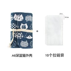 貓咪圖案 活頁收納包 附記賬頁, 1個, A6深藍貓+10個袋, A6深藍貓10個袋