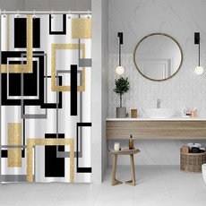 Baocicoo 모던 기하학 샤워 커튼 세트 블랙 화이트 블루 욕실 사각형 추상 미니멀리즘 목욕 방수 내구성 후크 포함 91.4 x 182.9cm(36 72인치), 골드