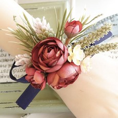 結婚胸花手腕花系列：婚禮胸花、嘉賓胸花、新娘手腕花，多款設計可選, 1個, 復古紅1號手腕花