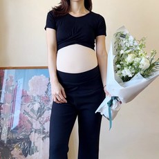 국내제작 리본 꼬임 임산부 만삭 촬영 주수 사진 크롭탑 라운드 반팔 모달 스판 크롭티 임산부 티셔츠