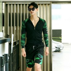 JOYHOLLY 男款樹葉字母印花拉鍊長袖防曬泳衣短泳褲套裝, 黑色套裝