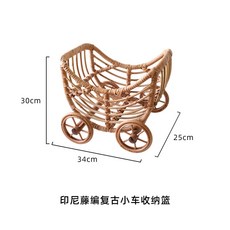 復古藤編小車造型收納籃 裝飾擺件 手工編織 印尼工藝 自然質感, 1個, 棕色 復古小車 藤編