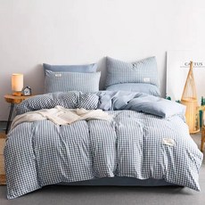 簡約格紋親膚透氣床包被套組, 藍色