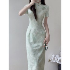 綠色小個子旗袍 - 夏季清新改良新中式宴會禮服氣質長裙