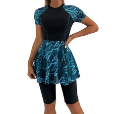 ABAFIP 여성용 래쉬가드 반소매 수영복 반바지 포함 수영복 2피스 꽃무늬 프린트 겸손한 수영복 블랙. M 154945