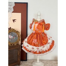 AW 薇薇寵 手作新年緞面寵物洋裝，立體玫瑰提花，適合貓咪與馬爾濟斯犬等寵物, 1個, 金橘夢,XXS碼（一斤左右）