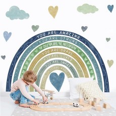 대형 무지개 창문 스티커 아동용 영감을 주는 데칼 벗겨서 붙이는 양면 부착 충돌 방지 동기 부여 아기방 놀이방 교실 침실 장식용, Boho Cyan