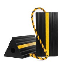 MaxxHaul 50019 튼튼한 3면 고무 휠 초크 노란색 반사 스트립 나일론 로프 및 미끄럼 방지 베이스 포함 - 1쌍, Rubber Wheel Chock