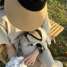 강아지 밀짚모자 커플 모자 여름 썬캡 악세사리 반려견 애견 2color, S-M, 블랙, 1개