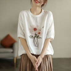 COSYEVNO 여성 라운드넥 반팔 루즈핏 플라워 프린트 티셔츠 Tzkmmdx-28