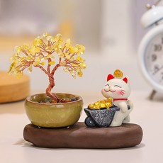 Equator 럭키템 돈나무 황금나무 행운 고양이 장식 재물운 인테리어 소품, 돈가득 고양이