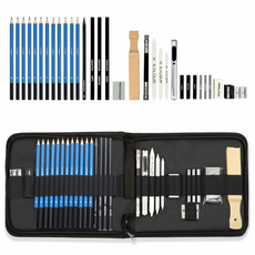 隔日配達 素描鉛筆套裝 美術繪圖套組 初學者適用 含收納包 素描筆, 1套, 33件素描鉛筆套裝(附素描本)【拉鍊包】, 1組