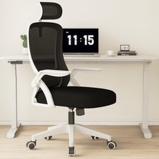 티야드 자세교정 공부 사무용 의자 허리받침 컴퓨터 메쉬 사무실의자, 화이트 + 블랙