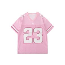 Remidoo Women's Oversided Mesh Jersey Shirt Number Graphic Short Sleeve T Shirts Athletic Sport Te, 핑크
