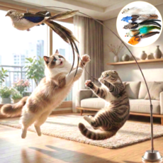 스마일플로우 진짜같은 새 고양이 최애 풀세트 튼튼 고정 낚시대 장난감, 1세트, 블랙화이트 새