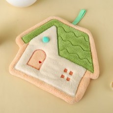 【Sunday】可愛卡通擦手巾吸水掛式速乾加厚衛生間手帕毛巾珊瑚兒童廚房抹布 小房子擦手巾 加厚不掉毛毛巾, 1個, 小房子擦手巾【綠色】, 綠色