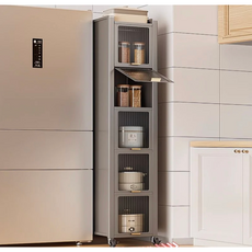 廚房夾縫收納櫃 冰箱側面抽拉置物架 超窄縫儲物邊櫃, 抽拉款-灰色5層【25cm寬】配腳墊 6