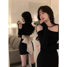 해피유통 리본 니트 긴팔 원피스 여성용 여름 섹시 블랙 백 펀칭 스키니 랩 스커트 BJJ001