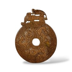 秦代風格青黃玉雕回紋神獸出廓玉璧, 1個, 青黃玉