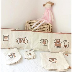 幼稚園上學帆布防水收納袋七件組 尿布袋分類袋 防水包-多功能兒童收納好幫手, 小熊款