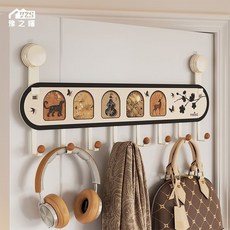 門後掛鉤免打孔收納掛架臥室衣帽架, 中古風【木鉤-6鉤】旋轉吸盤-奶白色,免打孔多場景適用-隨心換位不留膠, 1個