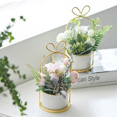 cocooning 홈가드닝 모던 RIBBON FLOWER 도자기 조화화분, 화이트, 1개
