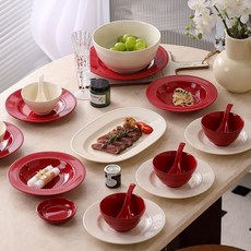 餐具套裝 碗勺盤 家用餐具 喜慶結婚禮物 喬遷新居, 1個, 珠點紅白-餐具四人食27件套